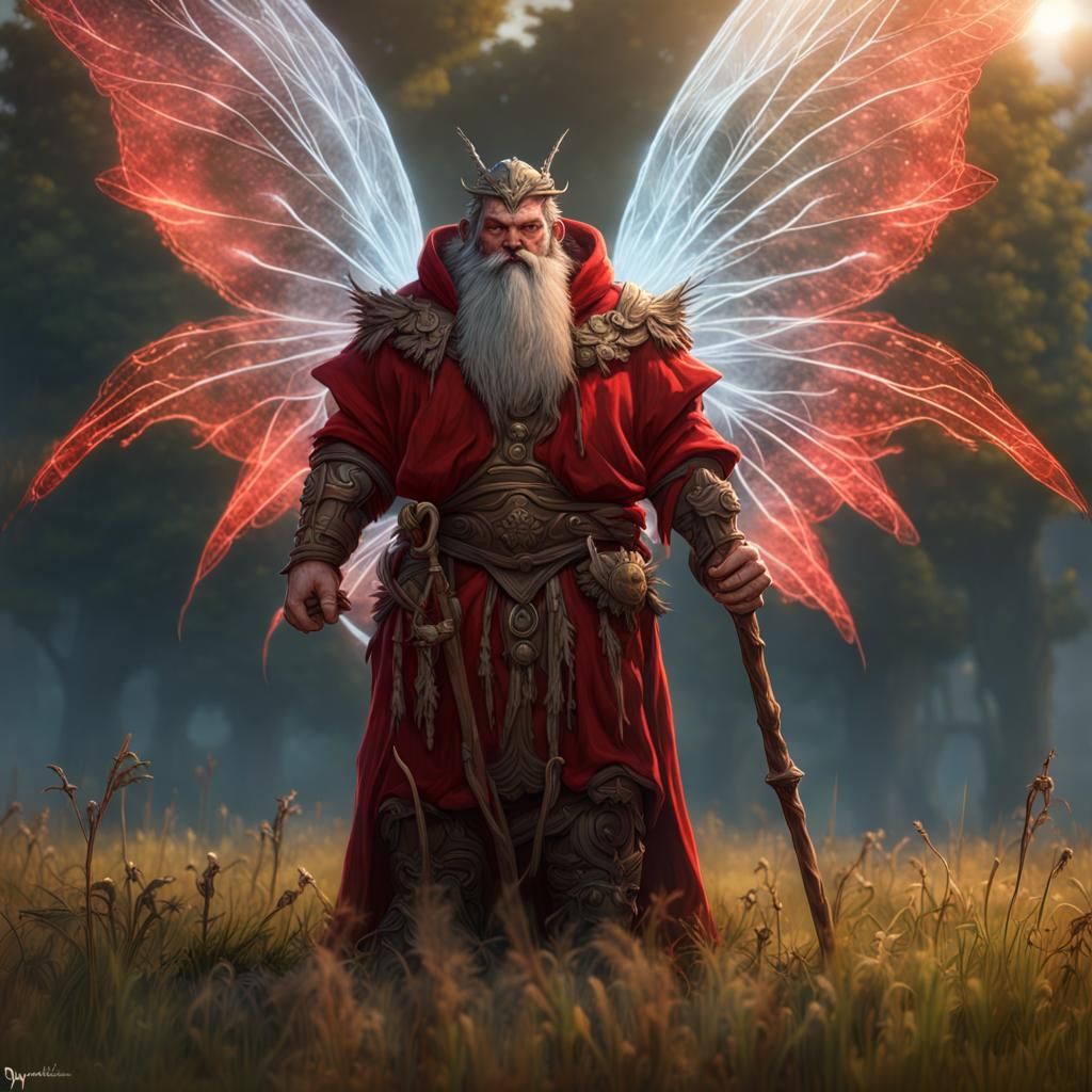 Winged Dwarf Fire Mage in Grassy Field