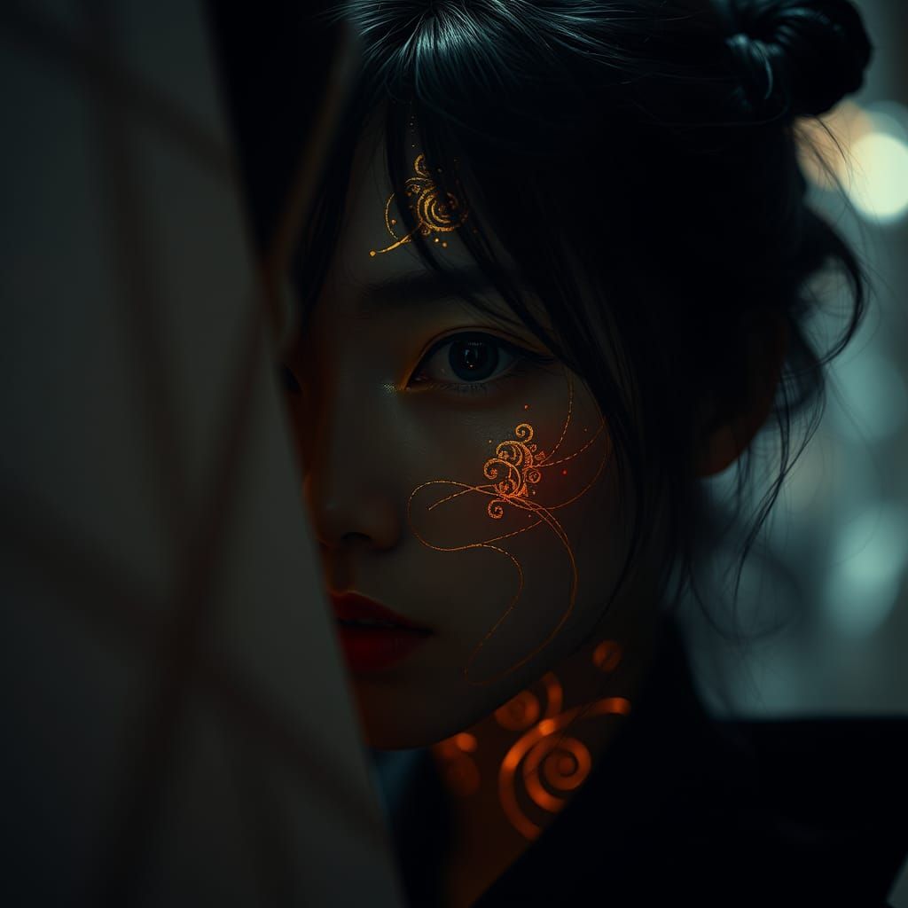 Ethereal Japanese Woman with Golden Streaks, Digital Art