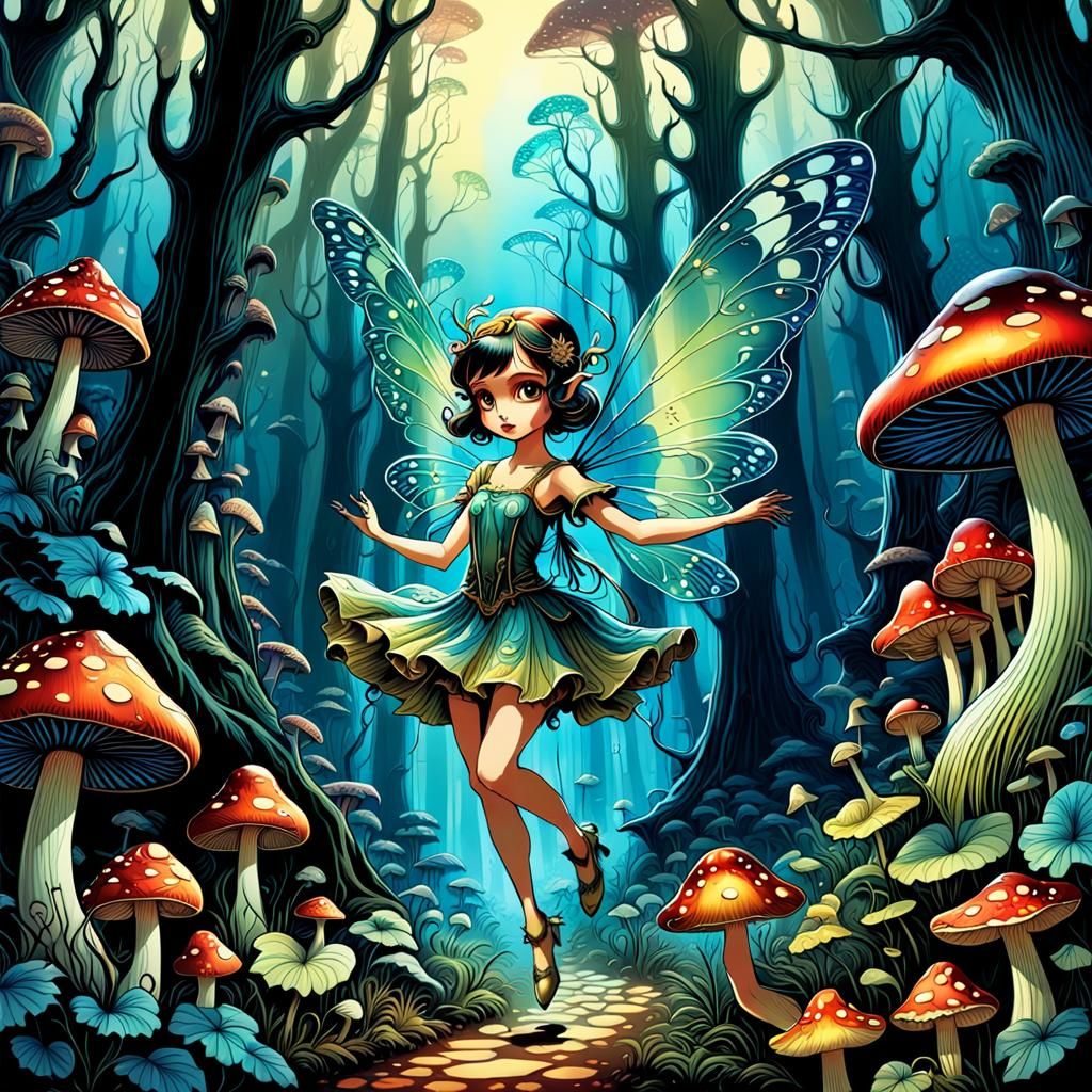 Adorable Fairy Dances in Mushroom Forest, Art Nouveau Style