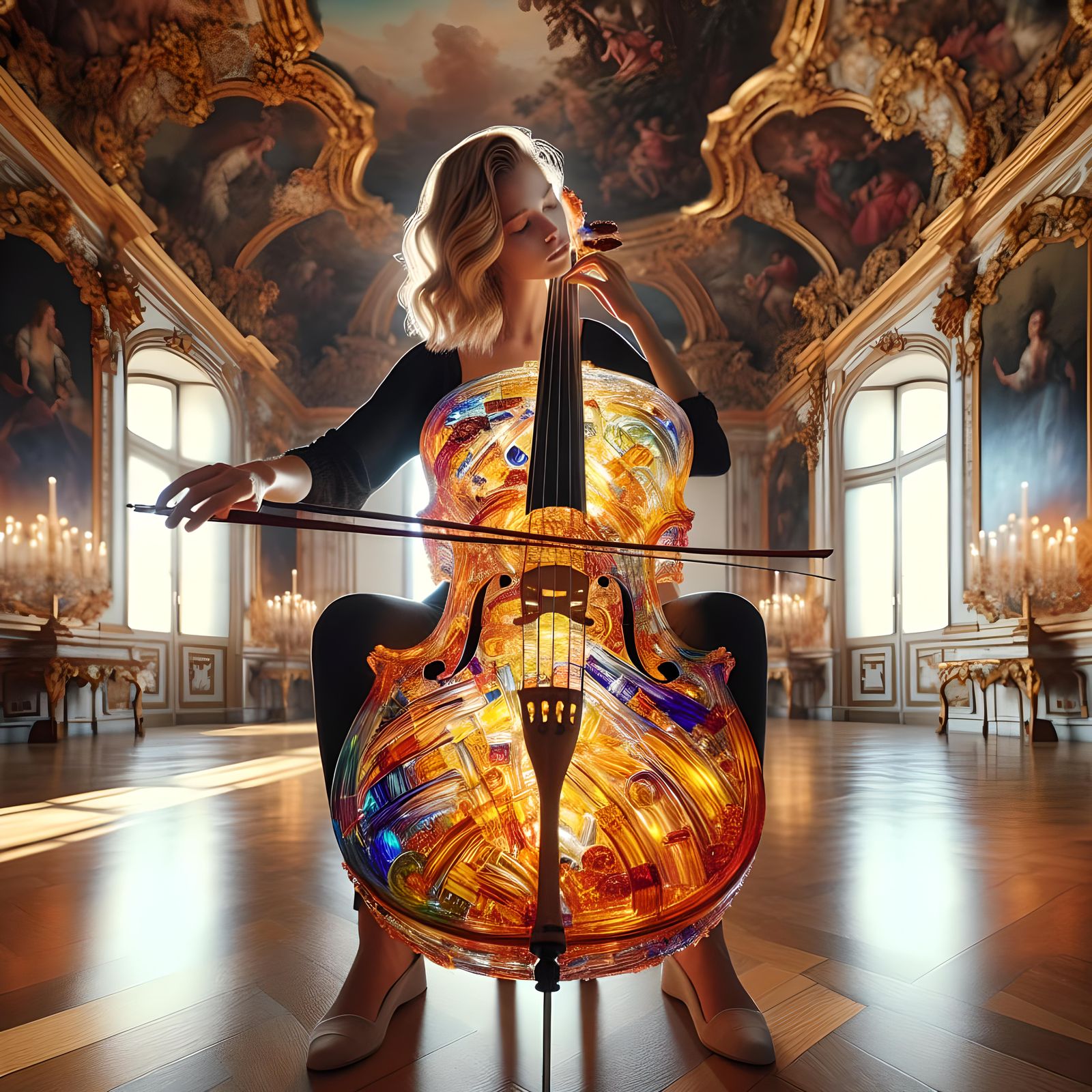 Baroque Beauty Plays Glass Cello in 8k