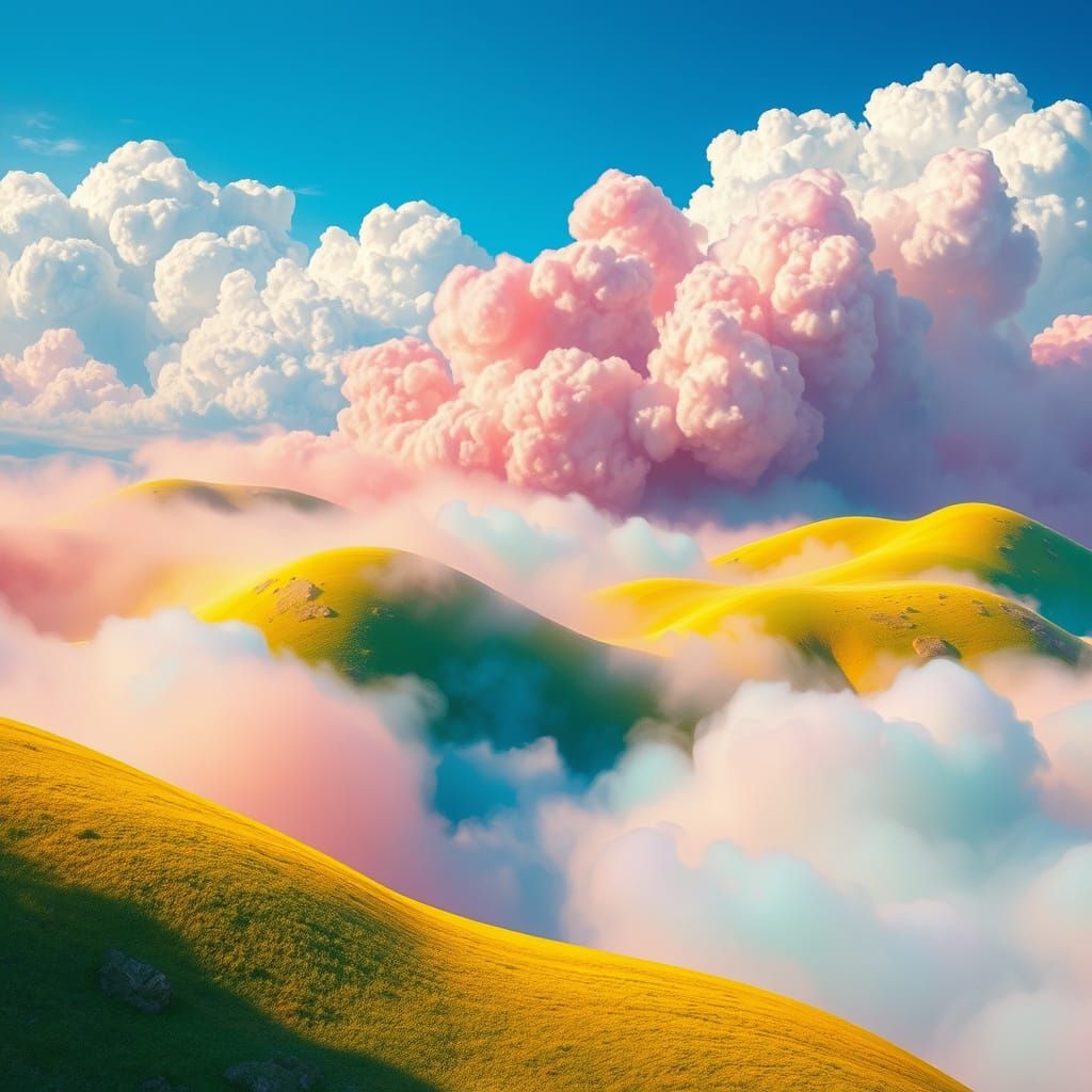 Whimsical Dreamtopia Landscape with Vibrant Clouds and Iride...