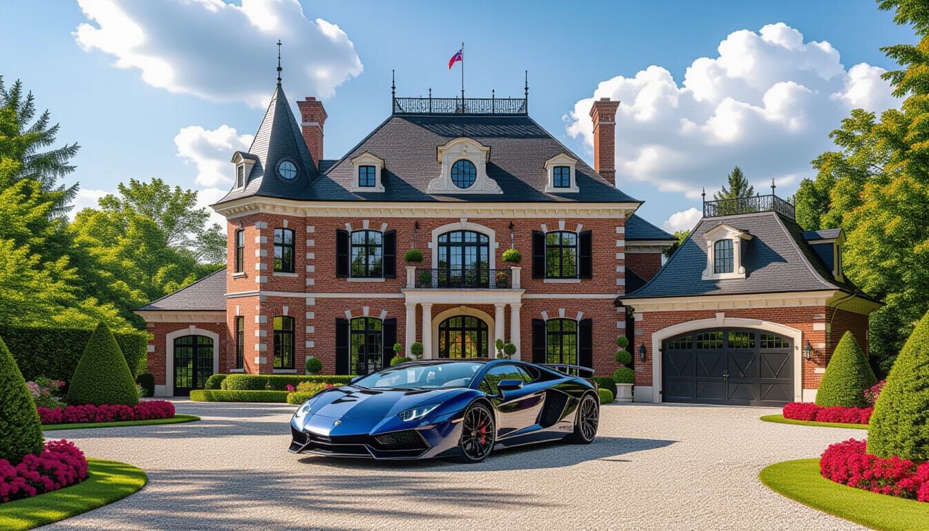 Victorian Chateau with Lamborghini Amidst Vibrant Gardens