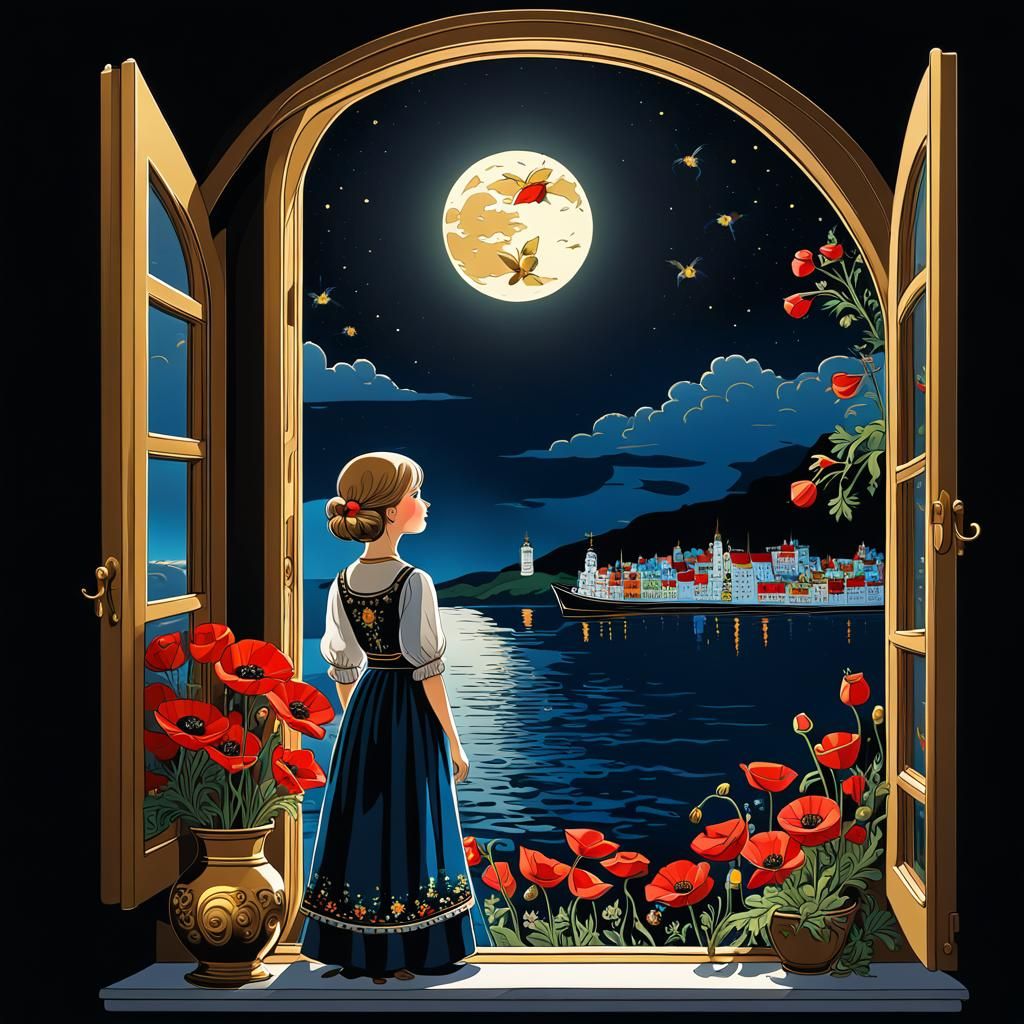 Chibi Woman Watching Boats, Palekh Style Fable Illustration