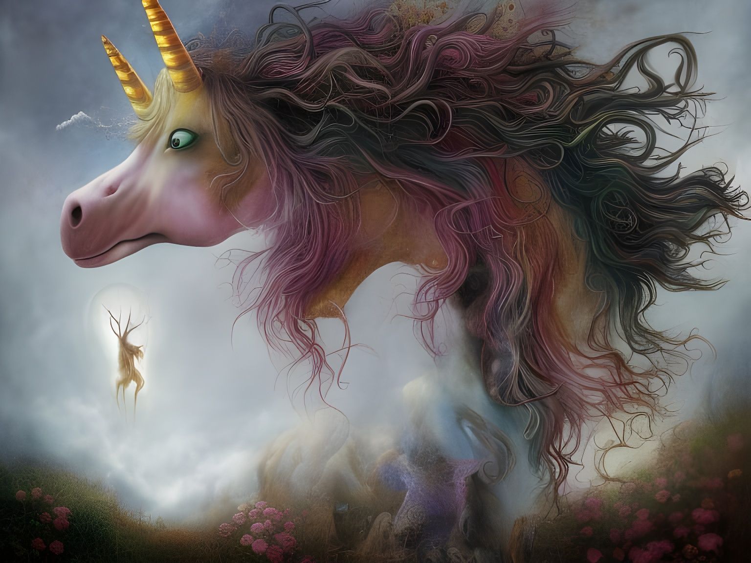 Surreal Unicorn in Photorealistic Horror Landscape