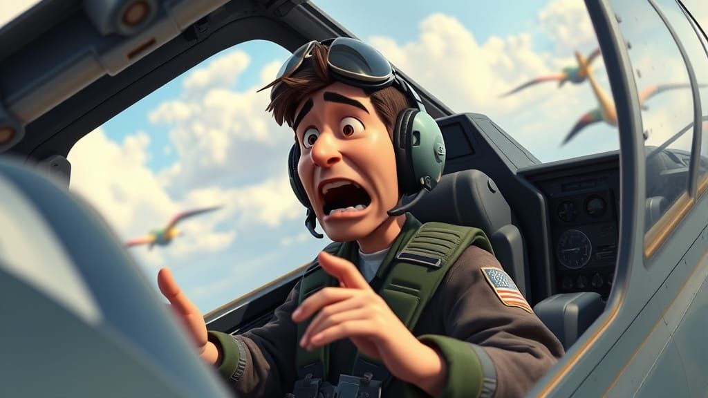 Shocked Pilot in Warplane Cockpit in Pixar Style