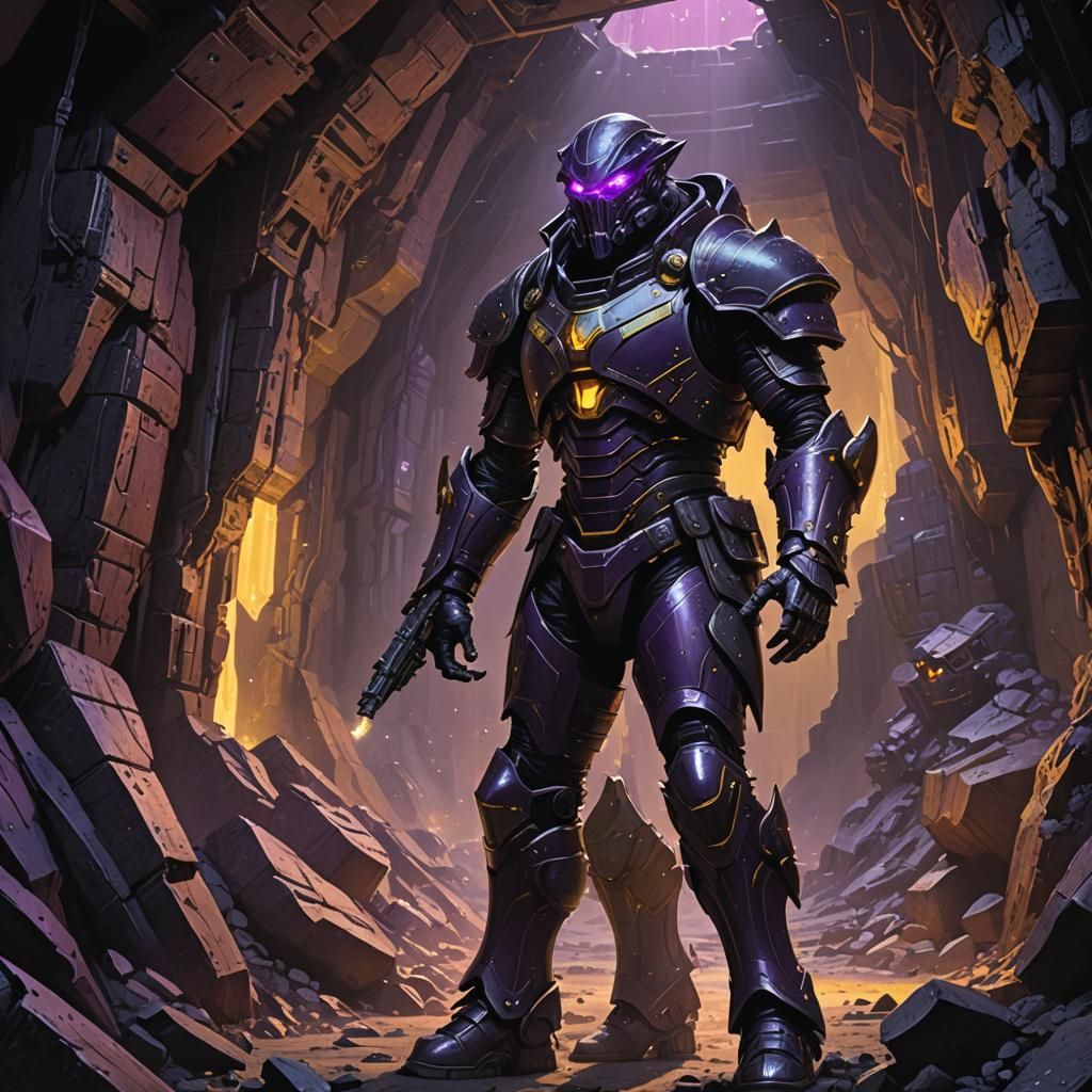 Alien Brigadier Invades Mine in Dark Fantasy Art