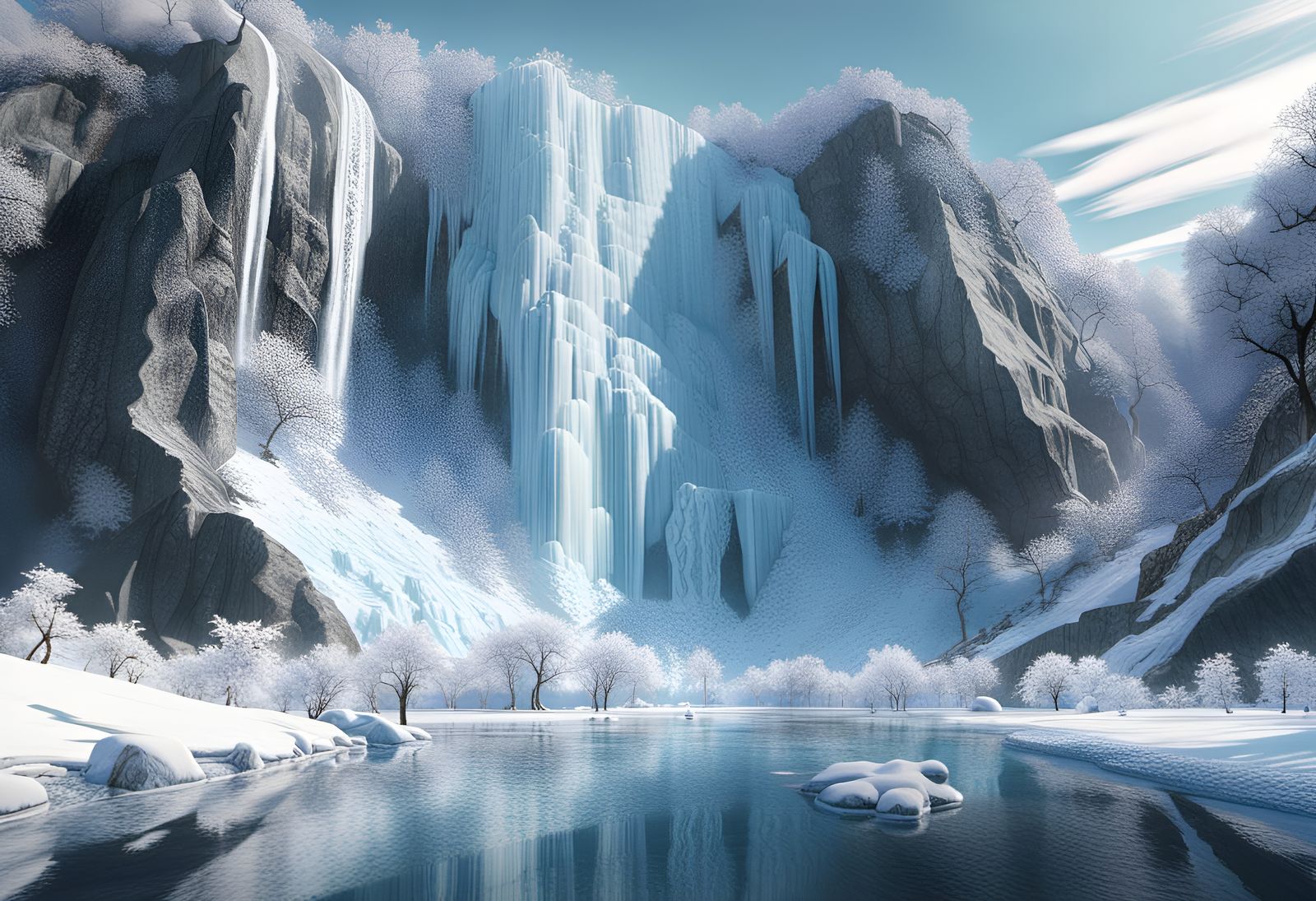 Icy Mountain Waterfall in Surreal Style
