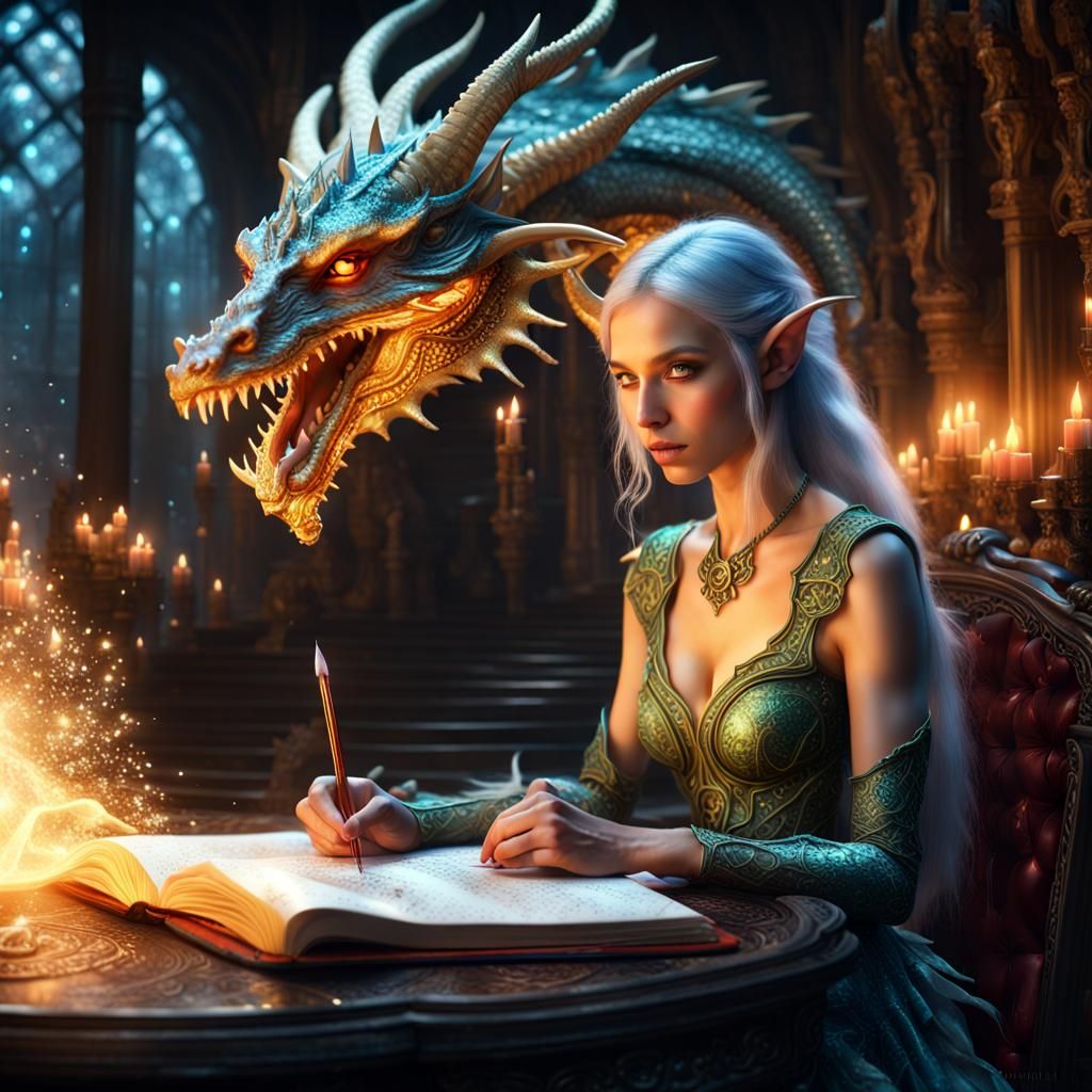 Elf Woman's Dragon Apparition: Digital Matte Painting