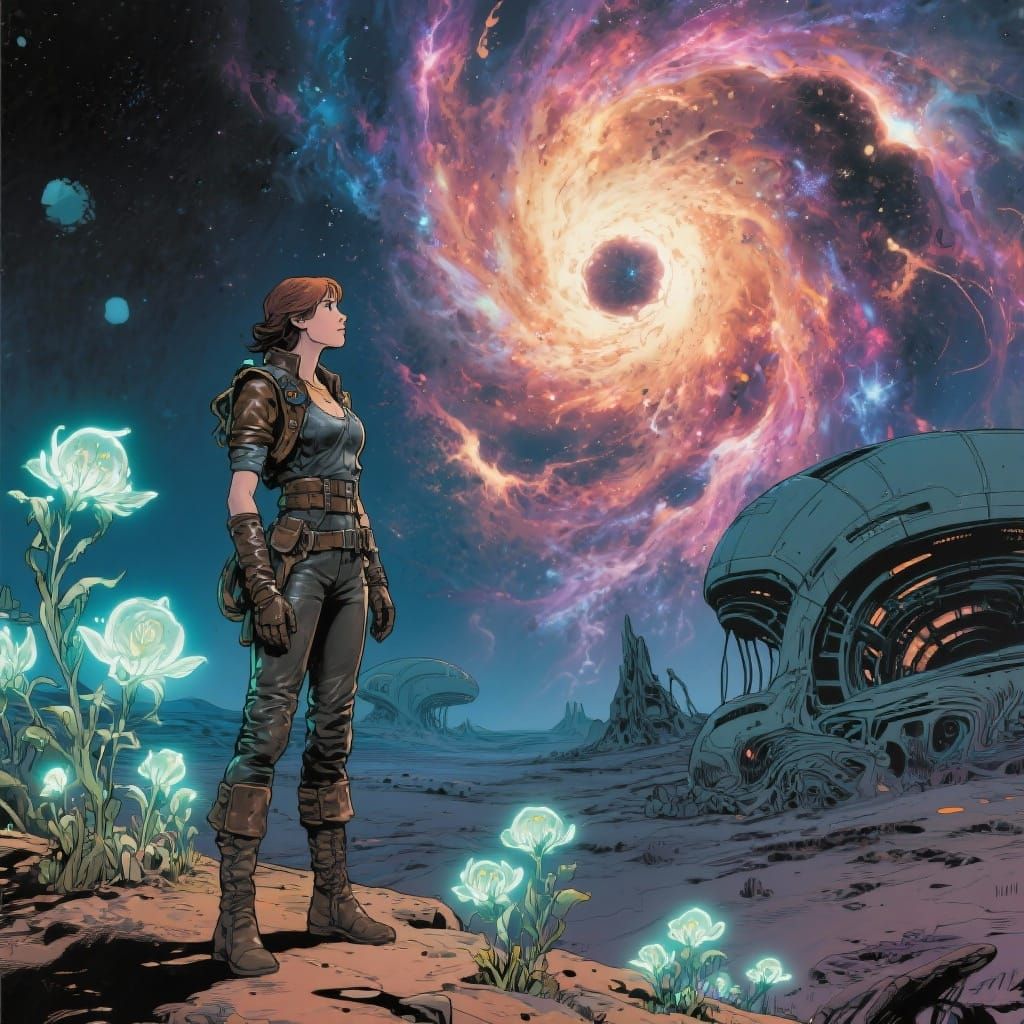 Female Explorer Gazes at Pulsing Alien Nebula