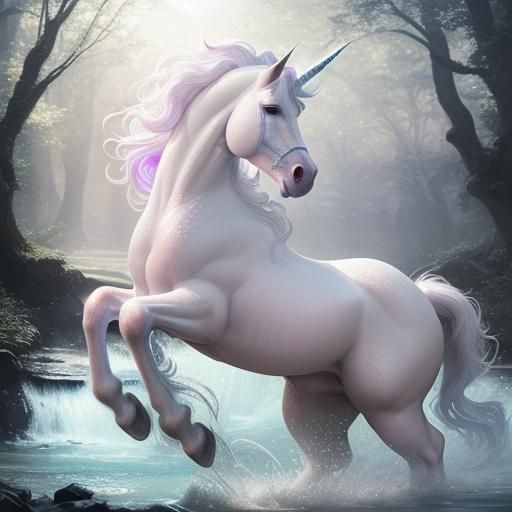 White Unicorn by Stream in Hyperrealistic Splash Art