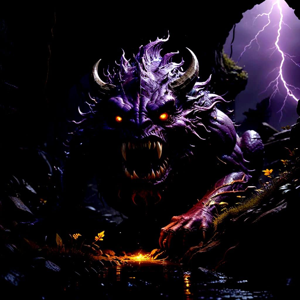 Drooling monster crawls out of a dark culvert at night with flashing lightning a masterpiece, 8k resolution, dark fantas...