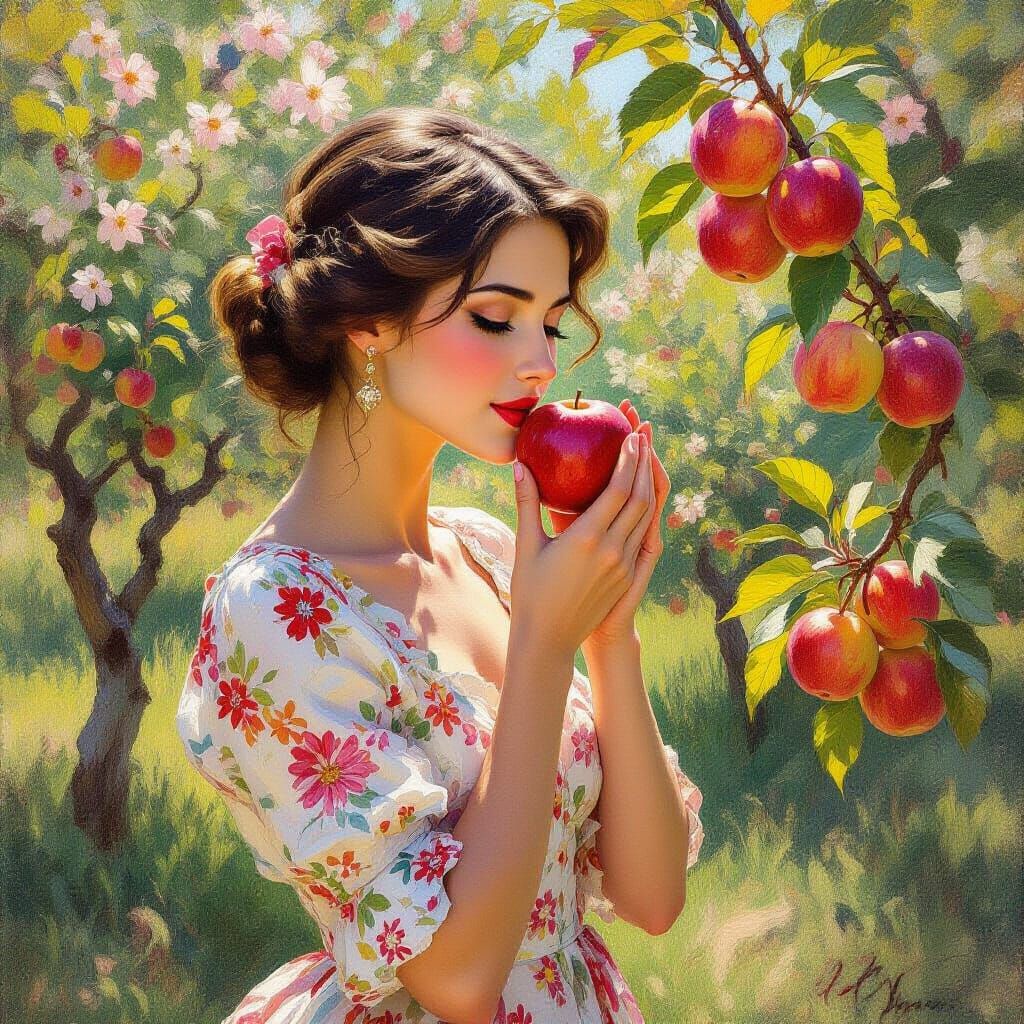Elegant Woman in Floral Dress Eats Apple in Sunlit Orchard