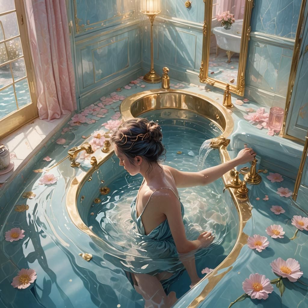 Dreamlike Bathroom: Woman Washing with Glass Effects