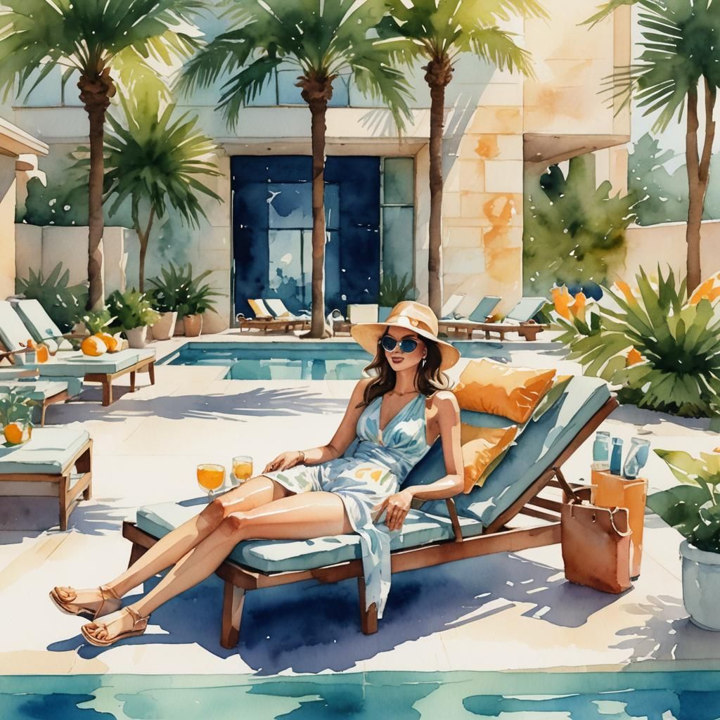 Girl Sunbathing at Luxurious Poolside: Watercolor Illustrati...