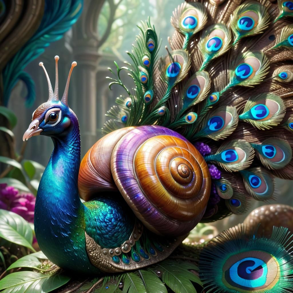 Hybrid Snail-Peacock Fusion in Fantasy Photo