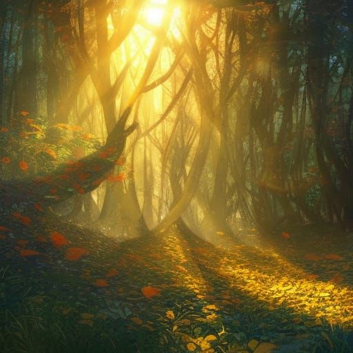 Golden light in the forest