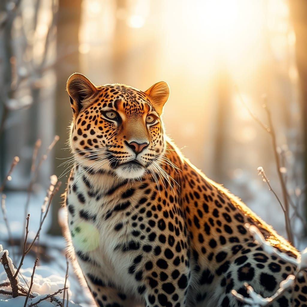 Amur Leopard in Winter Forest with Sunlight