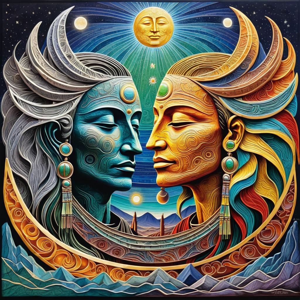 Contrasting Sun and Moon in Visionary Art Style