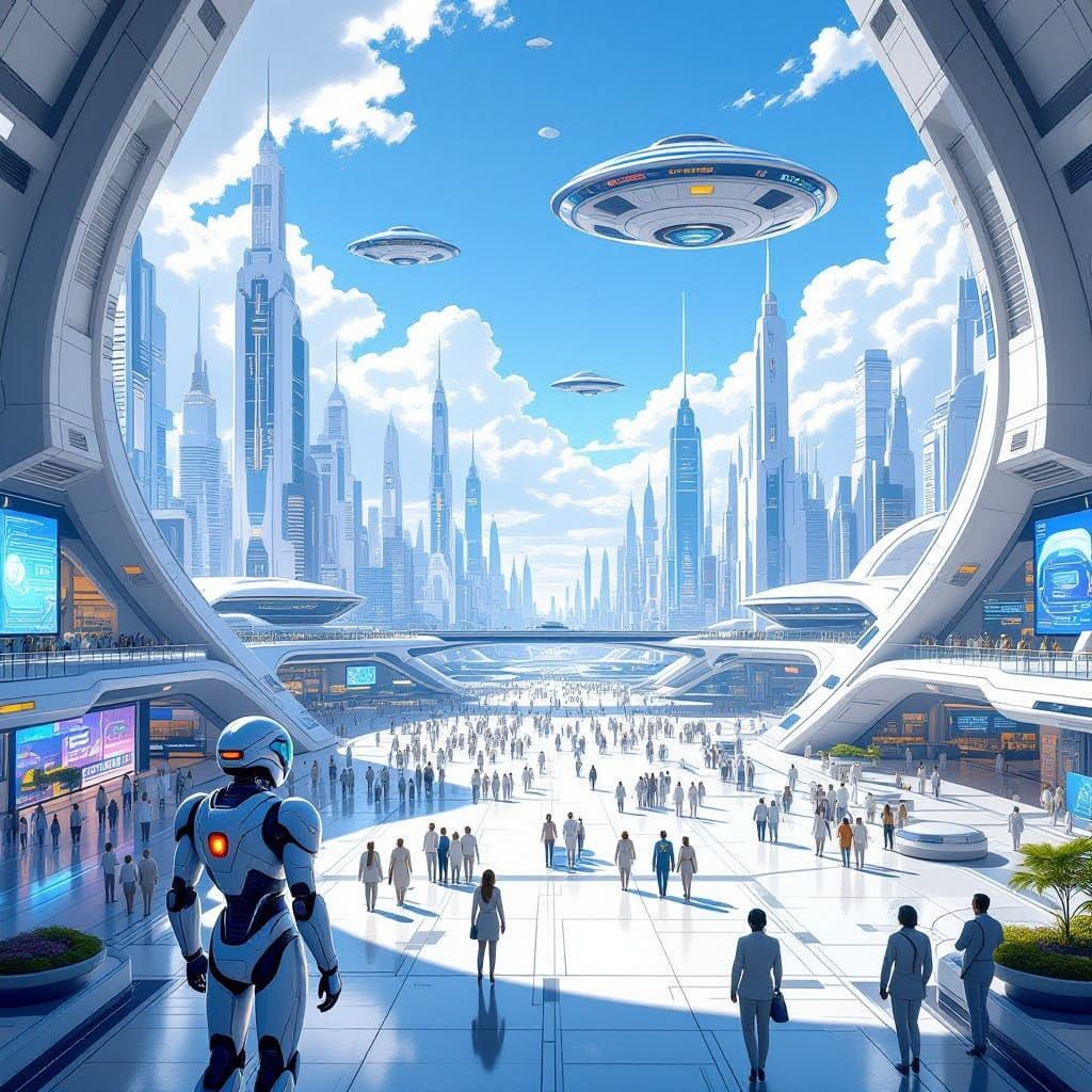 Futuristic City Plaza with Robots and Flying Saucers