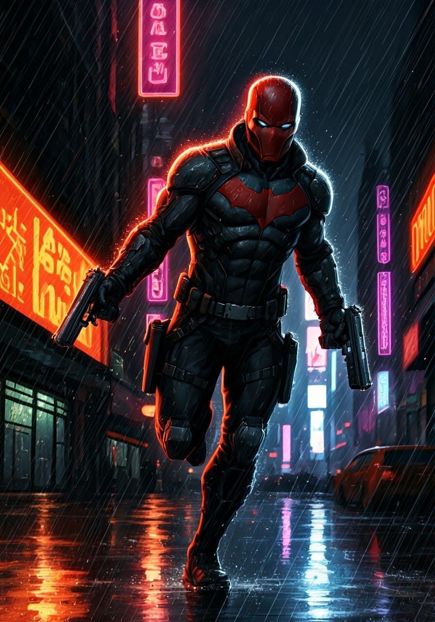 Red Hood in Rain-Soaked City, Comic Book Style