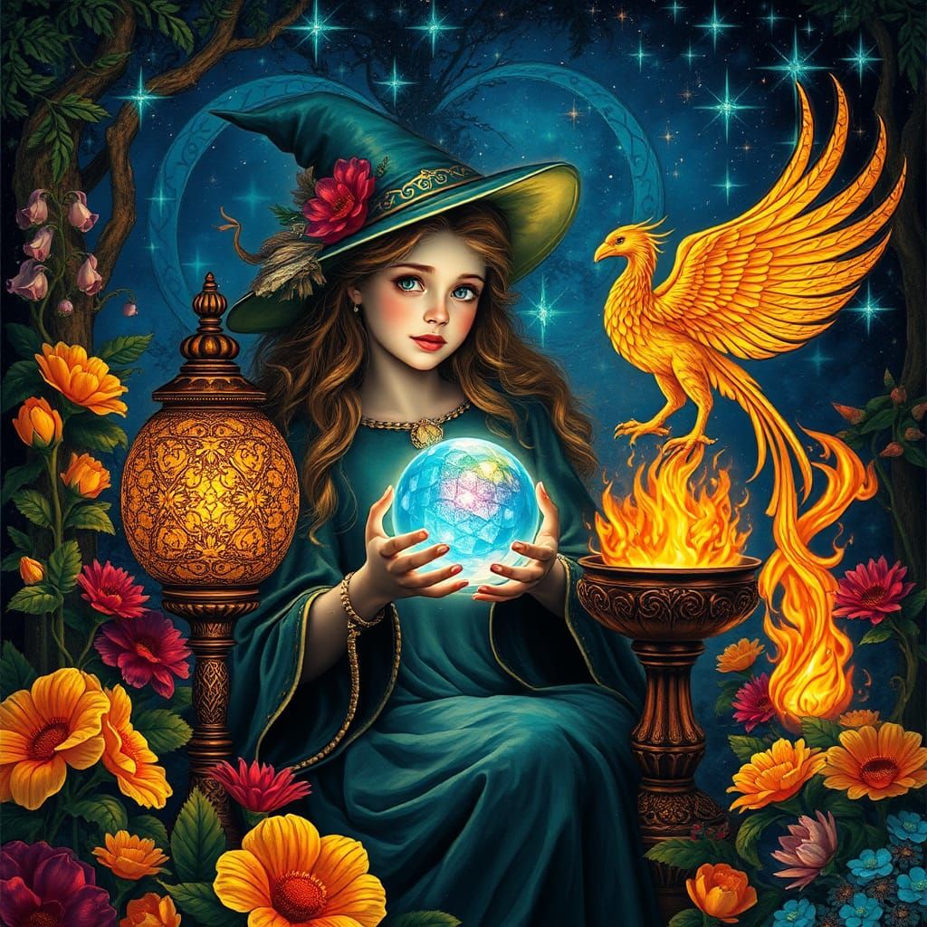 Enchanting Sorceress with Phoenix in Encaustic Azulejo Style