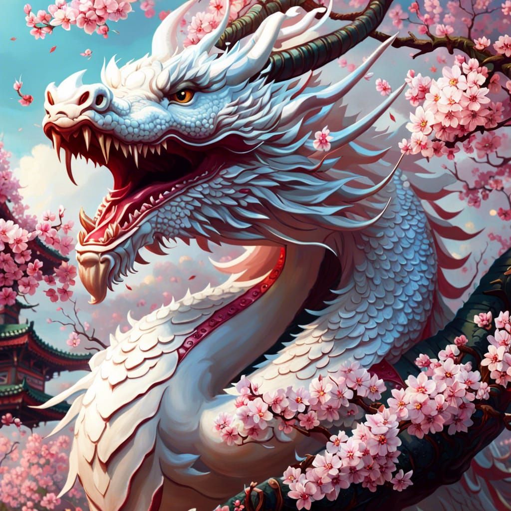 White Dragon in Cherry Blossoms: Hyperdetailed Fantasy Art