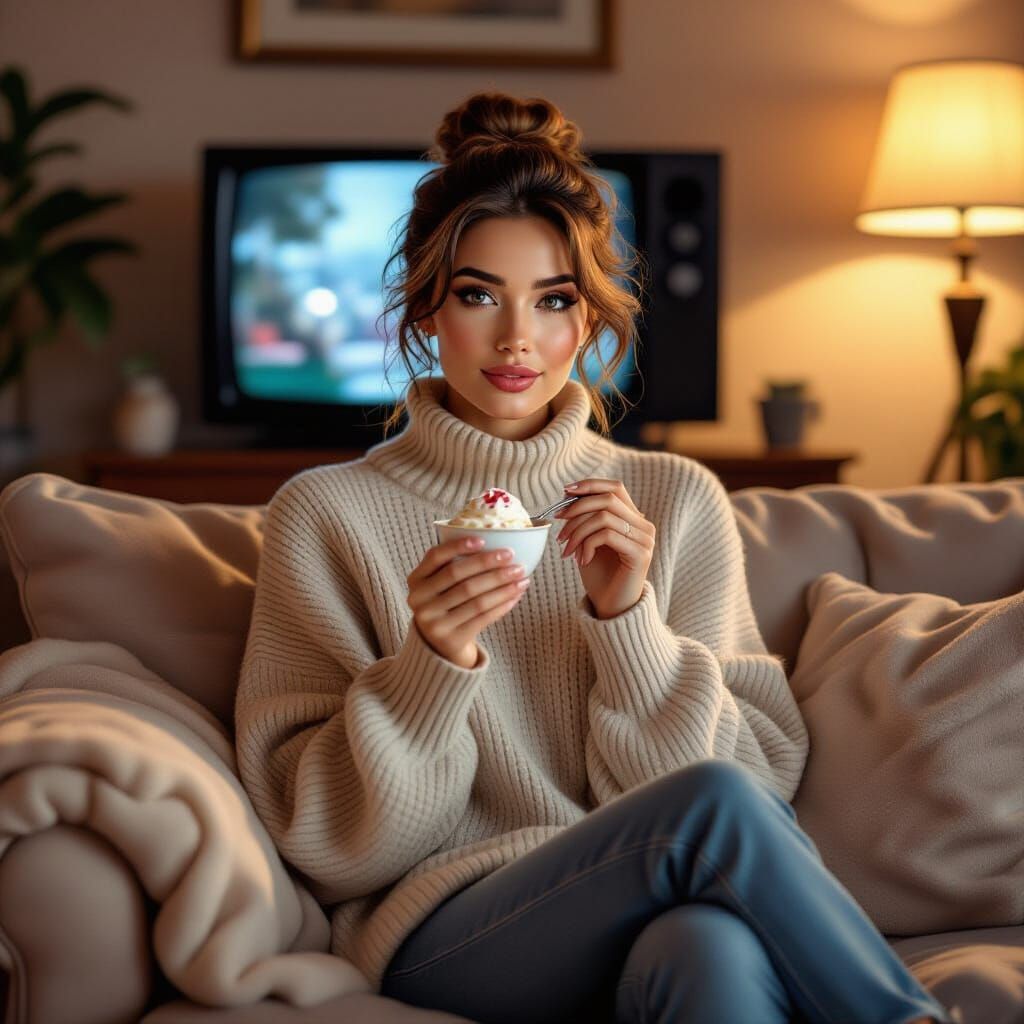 Woman Eating Ice Cream: Photorealistic Digital Art