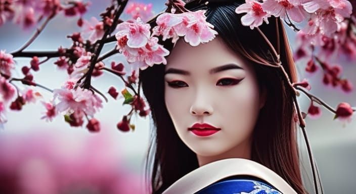 Geisha Hidden in Cherry Blossoms in Hyperrealistic Style