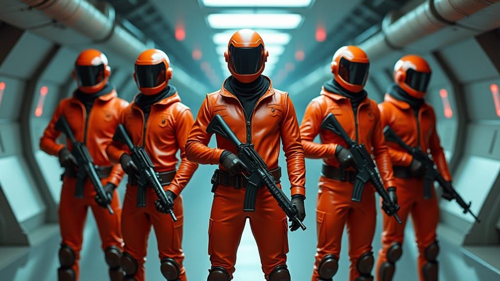 Futuristic Fighters in Spaceship Corridor, Cinematic Style