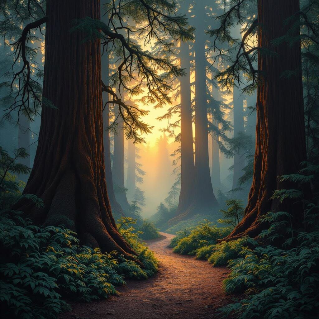 A majestic redwood forest at twilight
