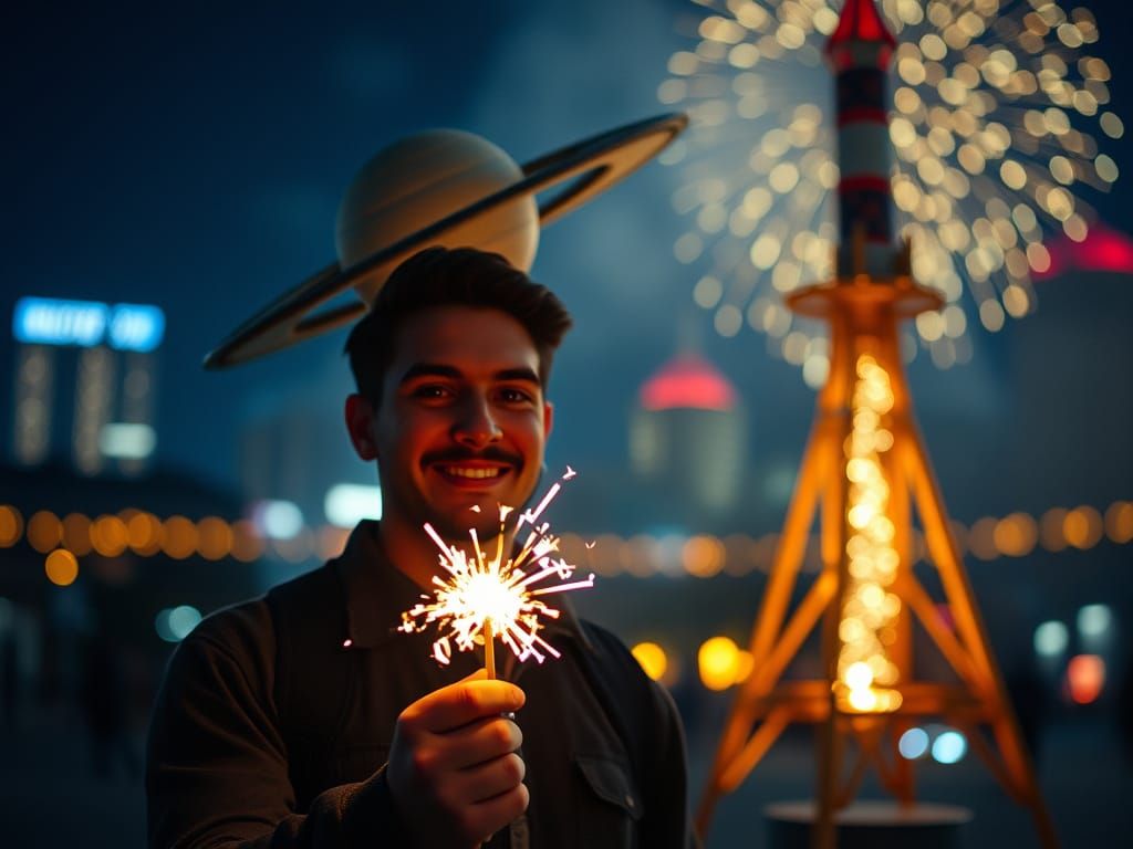Sparkler Rocket Launch with Bokeh City Lights