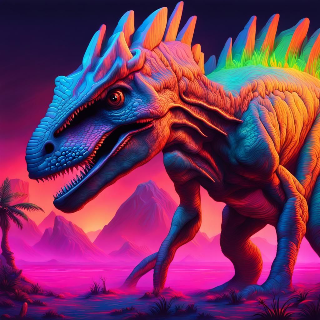 Neon Dinosaur Prehistoric Landscape Splash Art