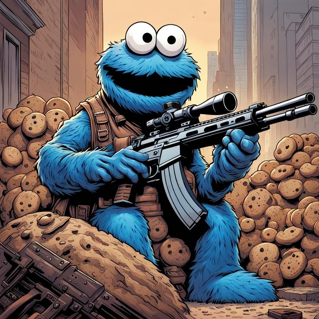 Cookie Monster: Sniper in Comic Book Art Style