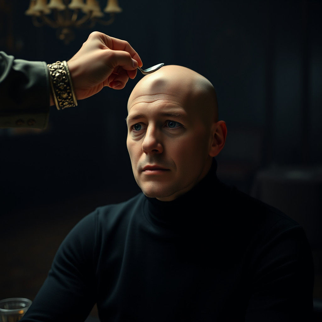 Serene Man Tapped with Teaspoon: Hyperrealistic Image