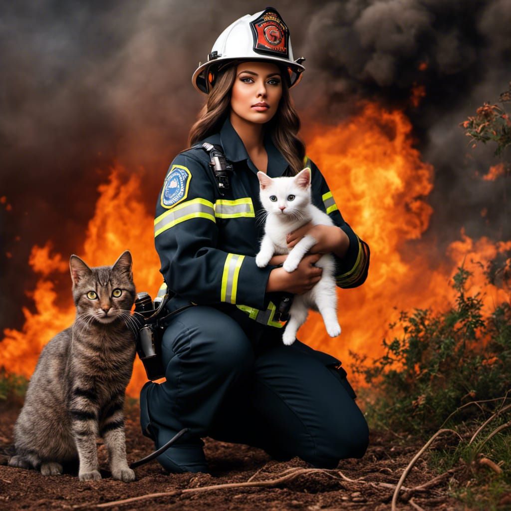 Female Firefighter Rescuing Kitten in Hyperrealistic Photo