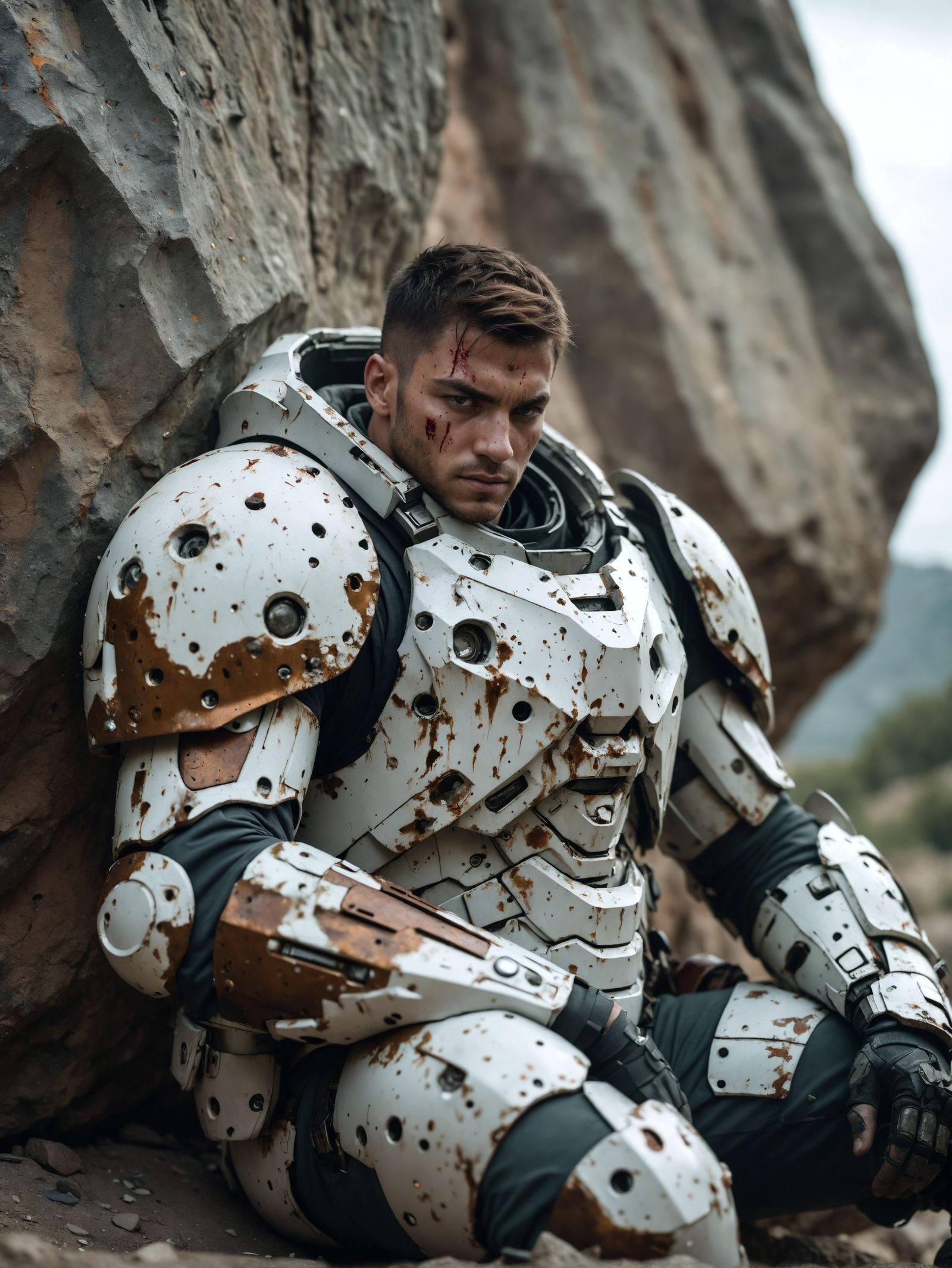 Wounded Soldier in Futuristic Armor, Professional Photograph...