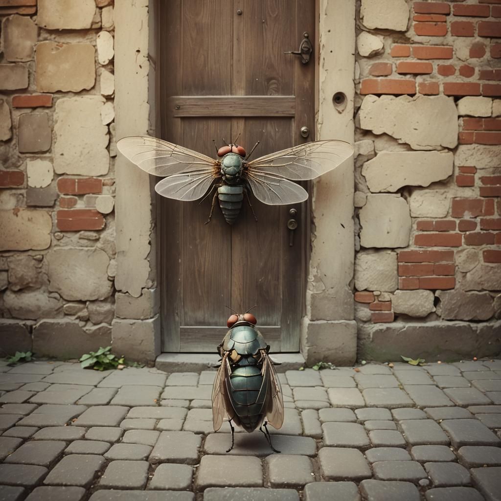 Eerie Housefly Creature in Vintage Composite Photograph