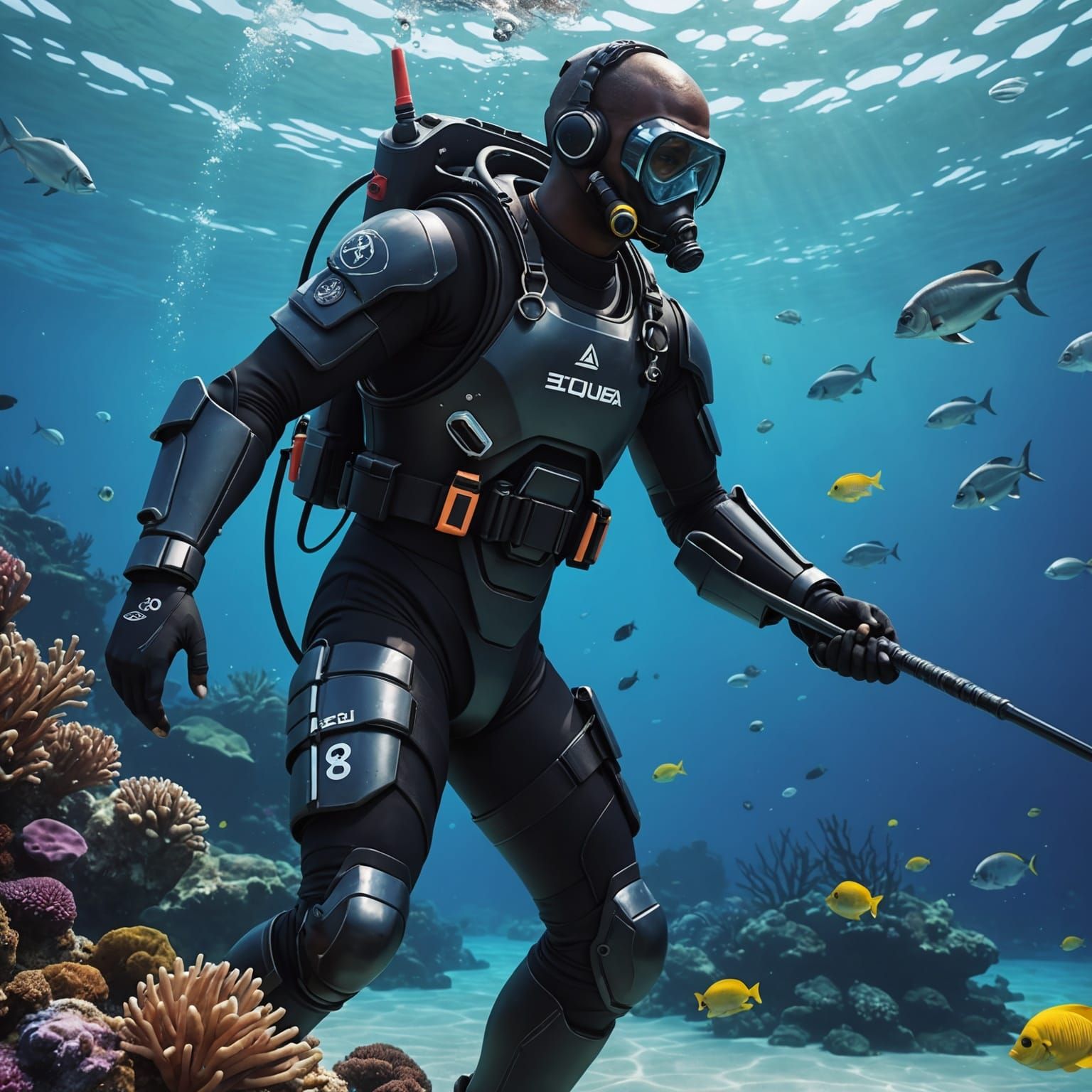Scuba Diver Spear Fishing in 3D Anime Style