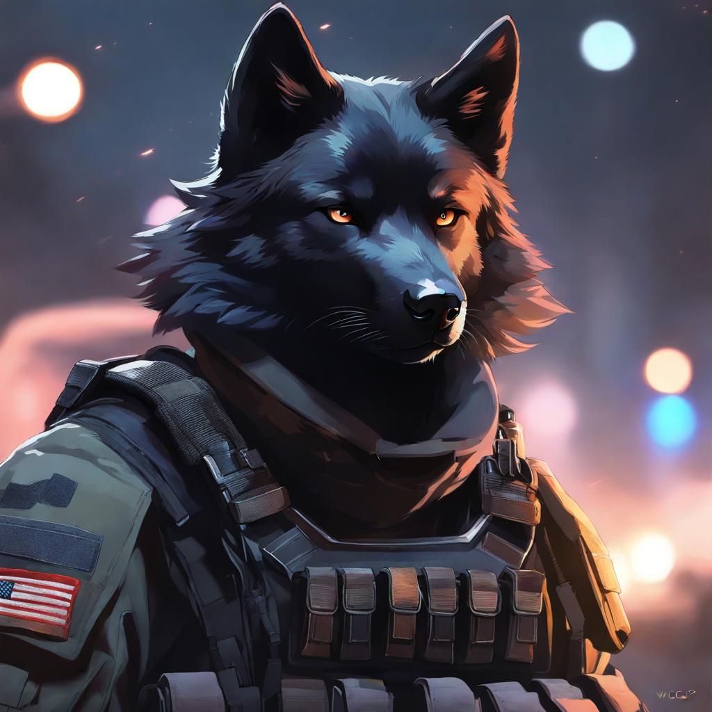 Anthropomorphic Wolf in Tactical Gear on Battlefield