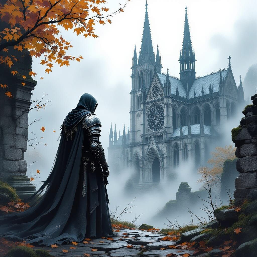 Spectral Knight at Gothic Cathedral in Autumn Mist