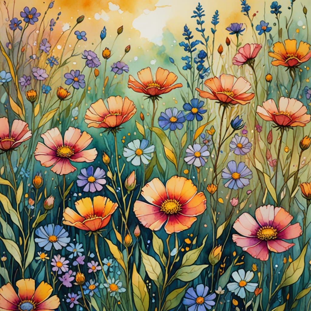 Whimsical Watercolor Blooms in Soft Golden Light