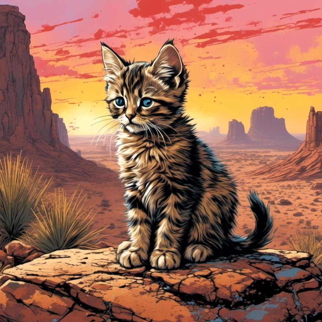 Grumpy Kitten at Desert Sunset in Graffiti Style