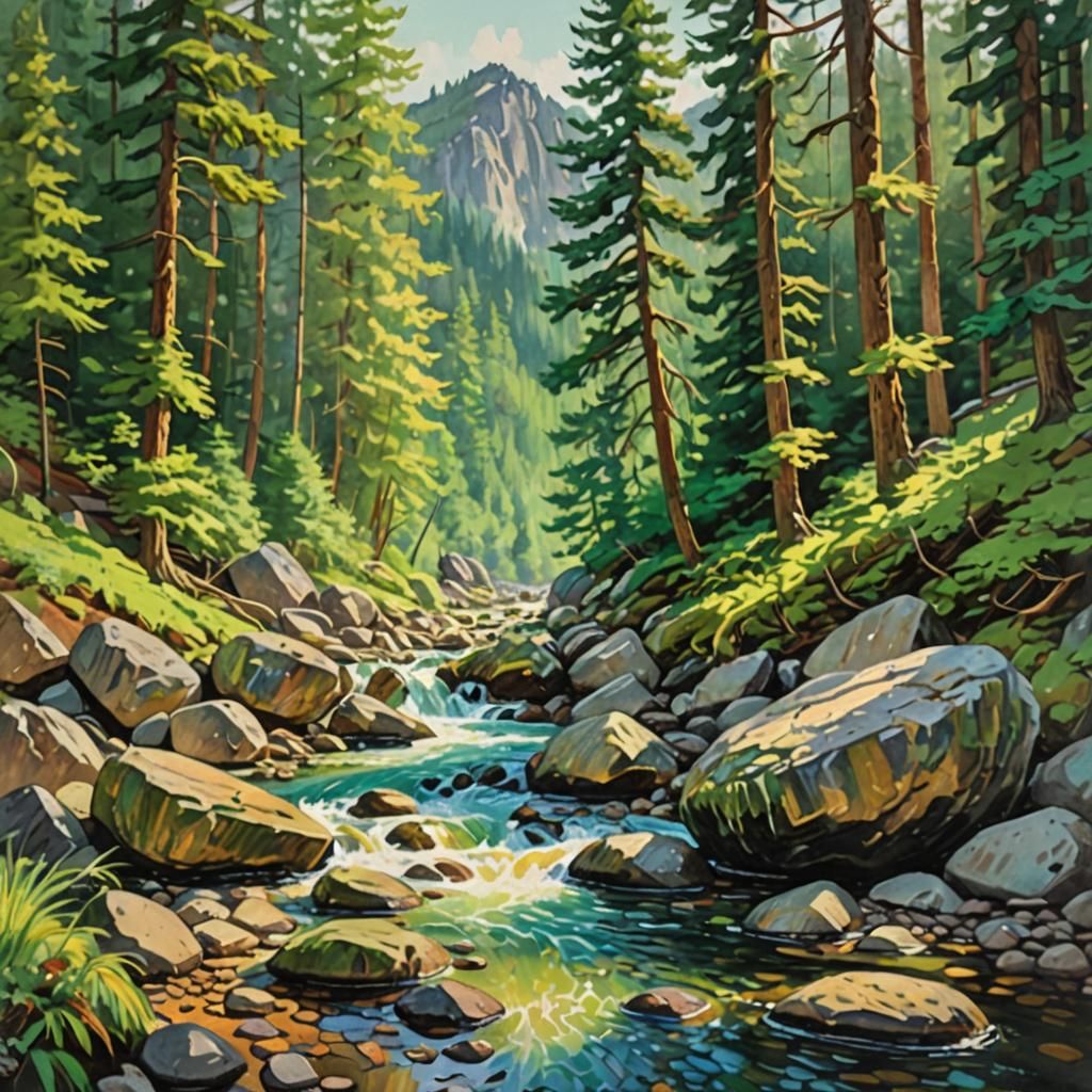 Vibrant River Forest in Impressionist Style