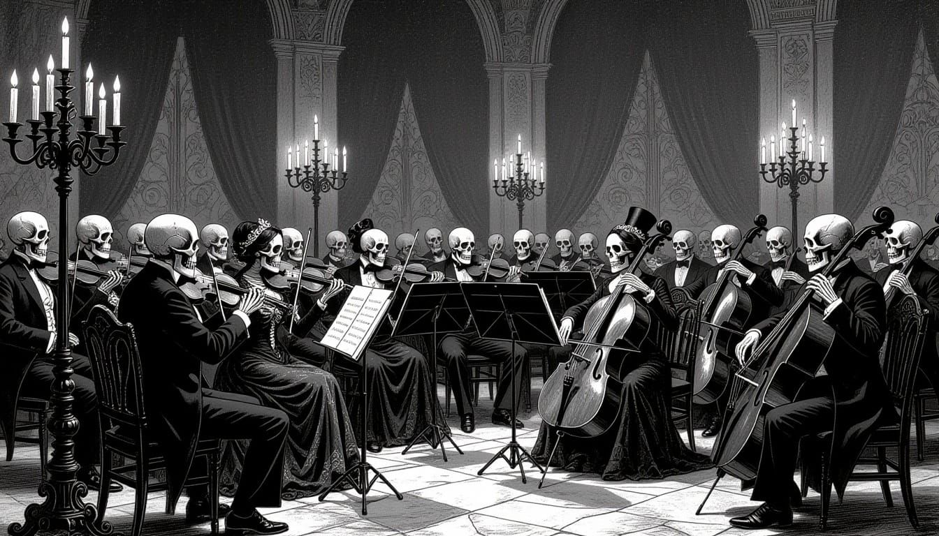 Skeletal Orchestra Performs in Gothic Ballroom