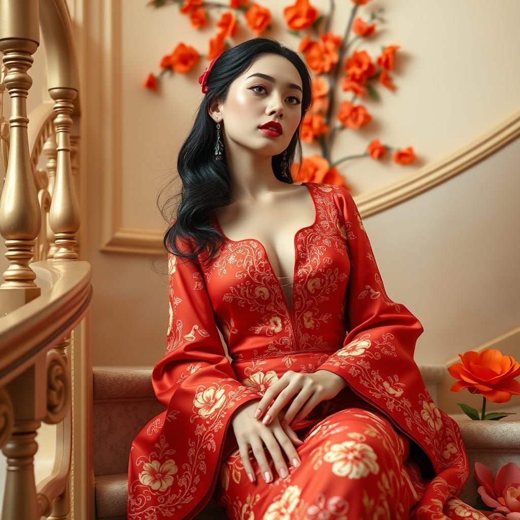 Elegant Lady on Ornate Staircase in Luxurious Mansion