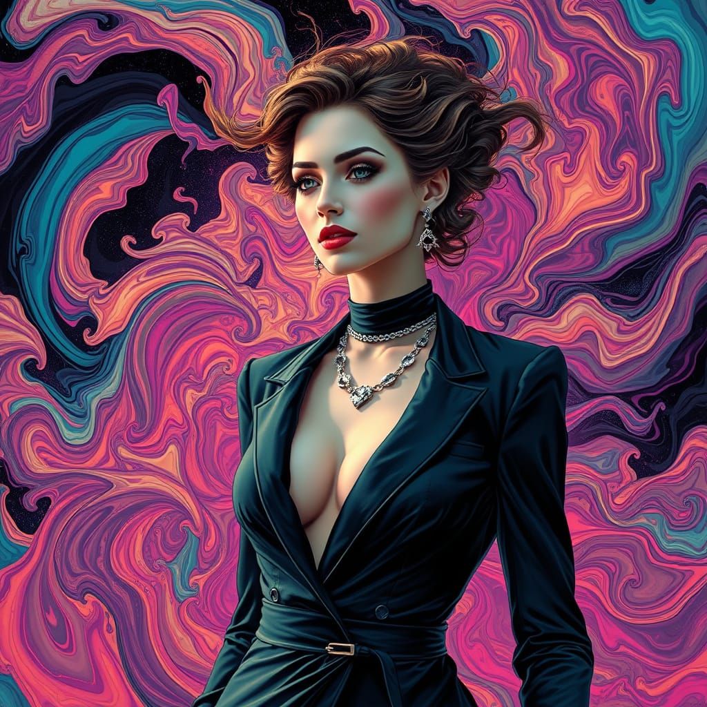 Elegant Woman Melting into Swirling Acid-Toned Patterns
