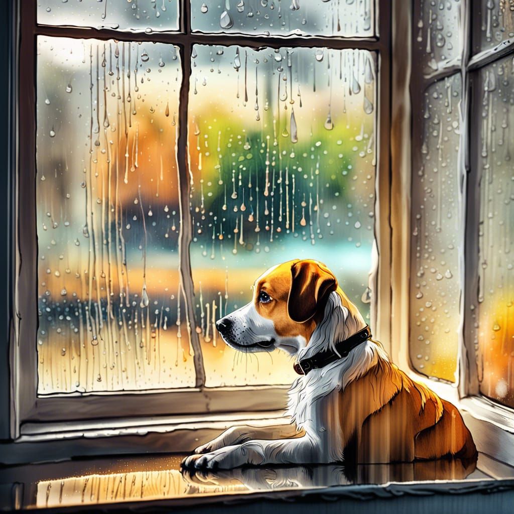 Dog Gazing out Rainy Window in Hyper-Realism