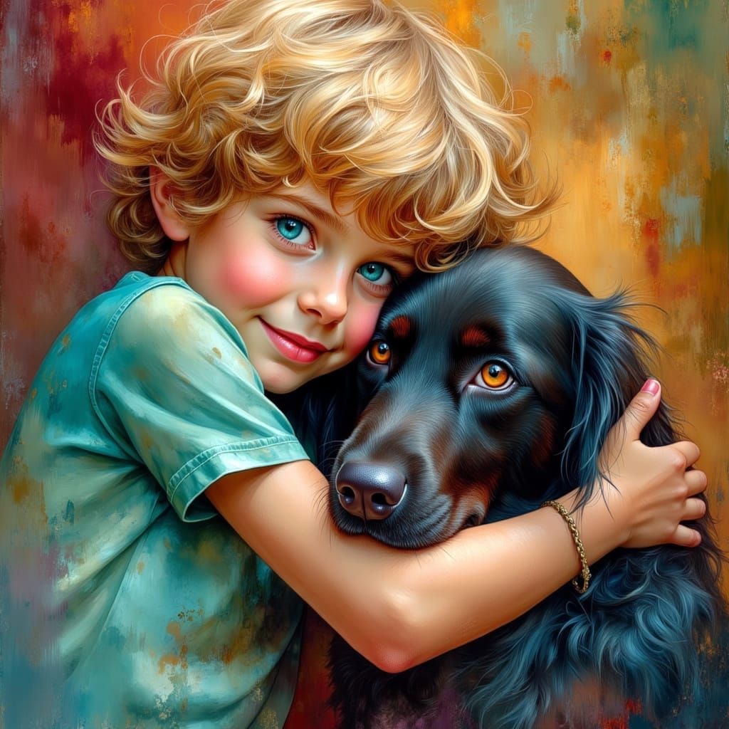 Boy Snuggling Irish Setter in Atmospheric Oil Painting