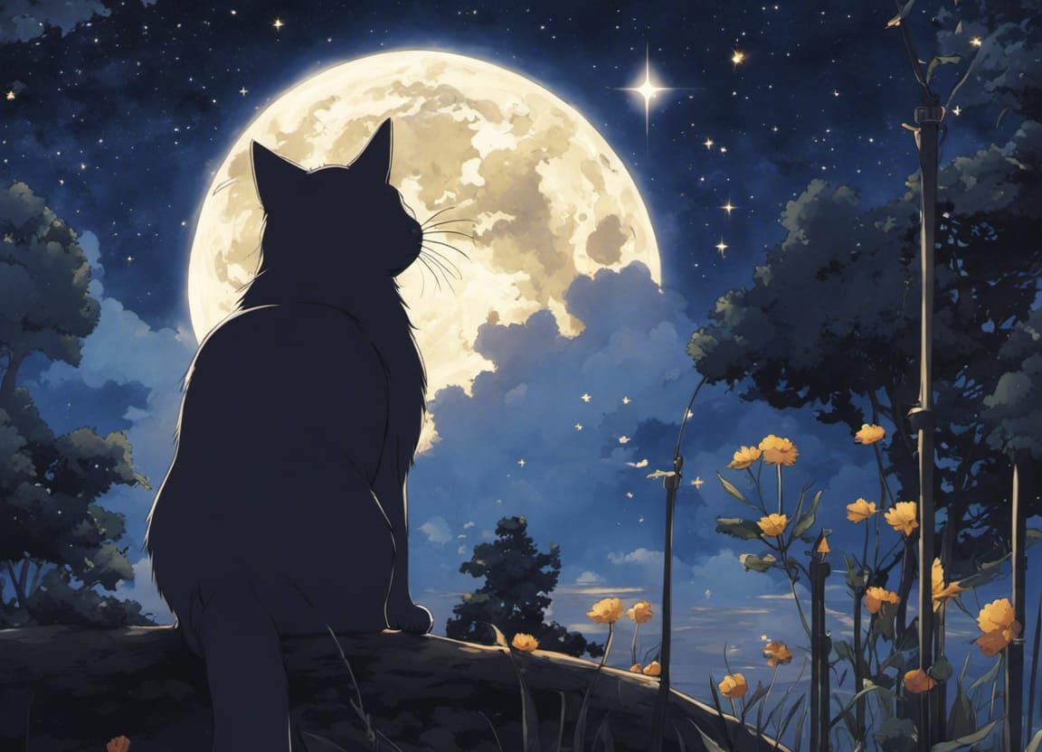 Cat Gazing at Stars in Anime Style