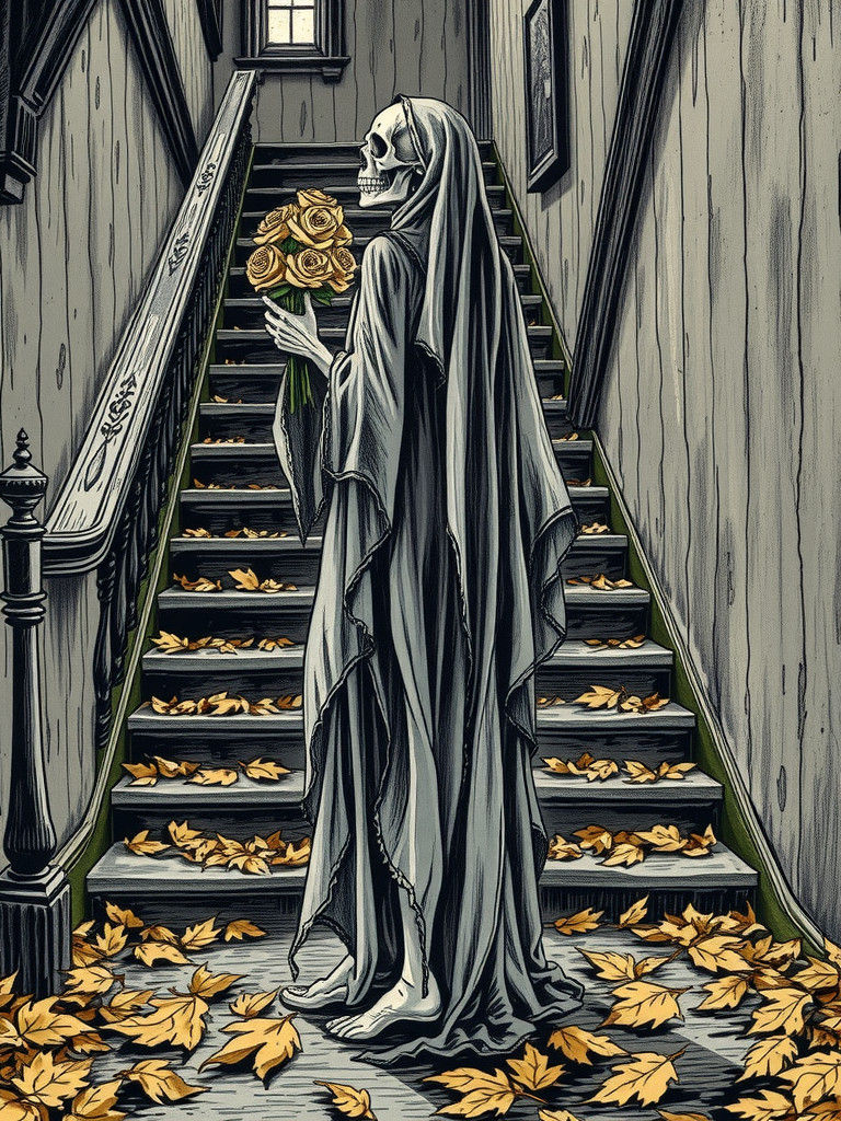 Ghost Ascends Manor Stairs with Roses, Doré Style